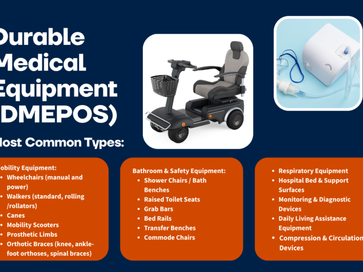 The most common DME items used across healthcare and home care settings: Mobility Equipment • Wheelchairs (manual and power) • Walkers (standard, rolling/rollators) • Canes • Mobility scooters • Prosthetic limbs • Orthotic braces (knee, ankle-foot orthoses, spinal braces) Bathroom & Safety Equipment • Shower chairs / bath benches • Raised toilet seats • Grab bars • Bed rails • Transfer benches • Commode chairs Respiratory Equipment Hospital Bed & Support Surfaces Monitoring & Diagnostic Devices Daily Living Assistance Equipment Compression & Circulation Devices